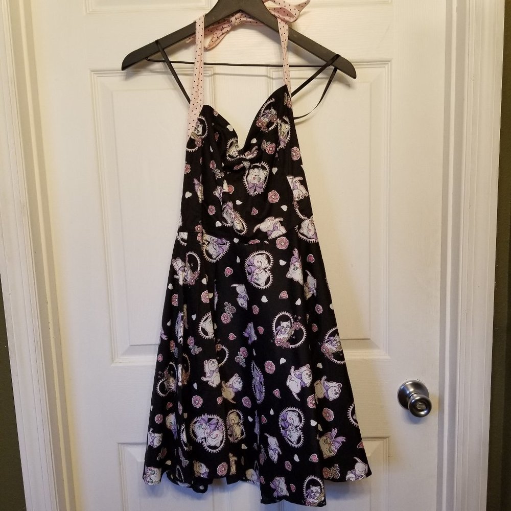 Hell Bunny Black Swing Dress with Pink and Cream Heart Motif
